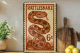 a vintage-style sign with a snake design, placed on a wooden surface next to a wooden cutting board and some lemons.