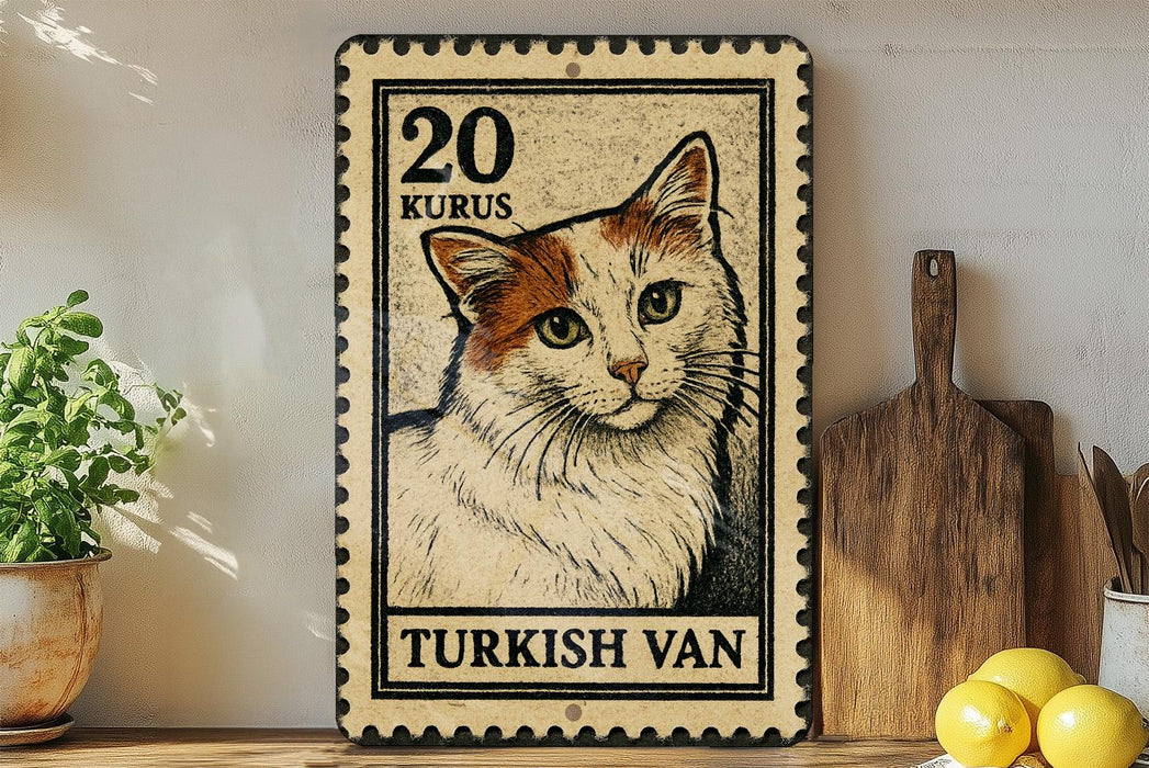 A Turkish postage stamp featuring a cat is displayed on a shelf next to a wooden cutting board and some lemons.