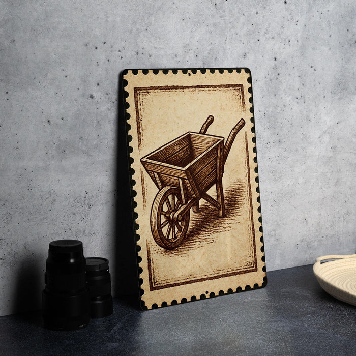 a wooden wheelbarrow on a shelf, with a stack of black camera lenses next to it.