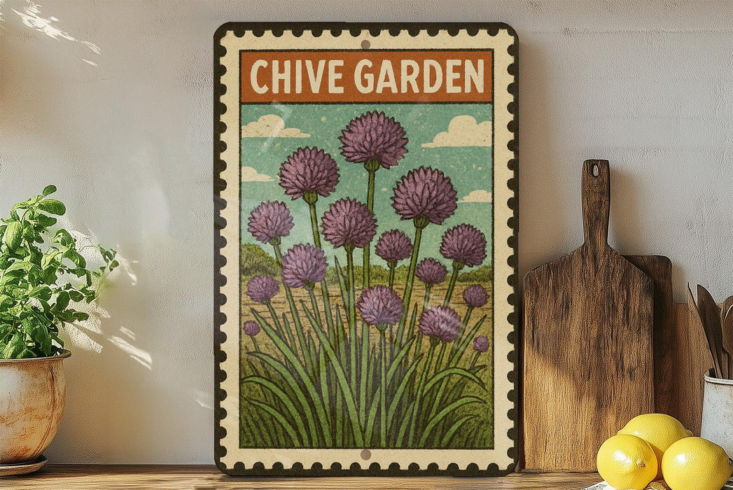 a framed illustration of purple chives on a shelf, with a wooden cutting board and a potted plant to the left.