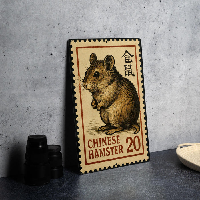 A metal stamp featuring a hamster on it, with the text "CHINESE HAMSTER 20" printed on it.