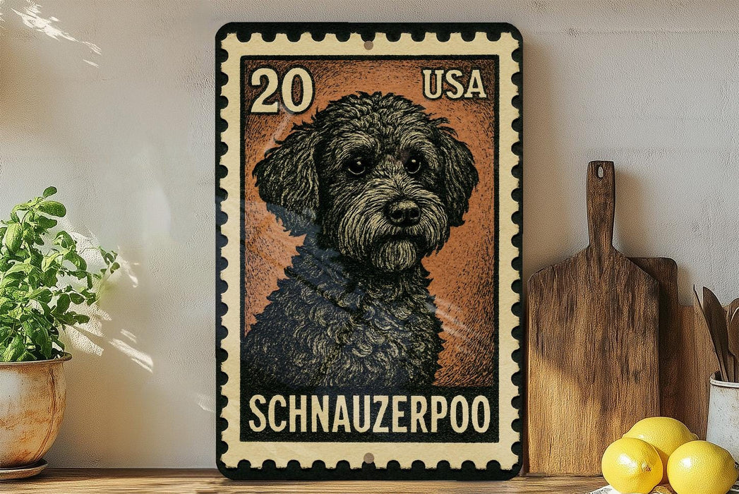 A 20-cent US postage stamp featuring a black and brown Schnauzer dog, with a wooden cutting board and lemons in the background.