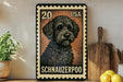A 20-cent US postage stamp featuring a black and brown Schnauzer dog, with a wooden cutting board and lemons in the background.