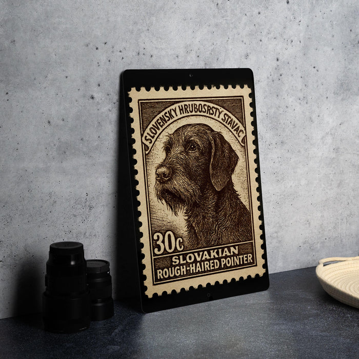 A black and brown stamp featuring a close-up of a dog's head, placed on a table next to some black camera lenses.
