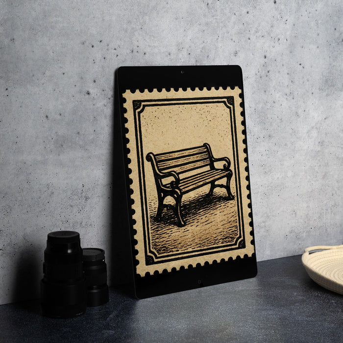 a black and white illustration of a bench on a wall, with a small black frame around it.
