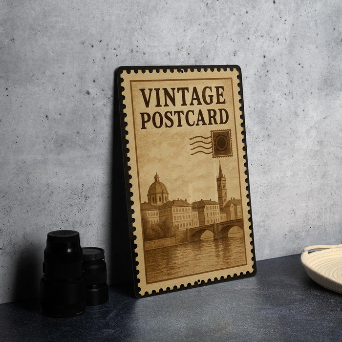 A vintage-style postcard with a cityscape illustration is displayed on a table, accompanied by a stack of black camera lenses and a white dish.