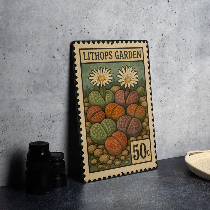A metal stamp with a colorful illustration of various plants and flowers, including two daisies, is displayed on a table.