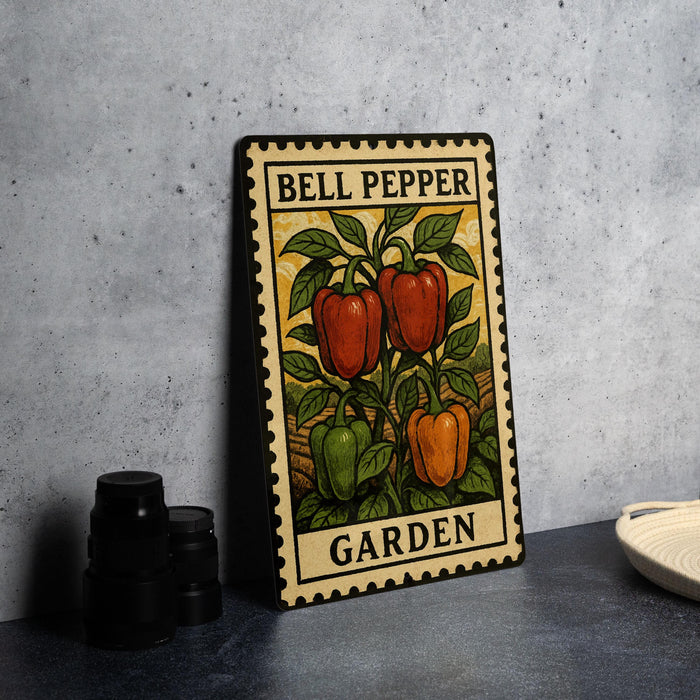 A metal sign with a bell pepper illustration and the text "Bell Pepper Garden" is displayed on a table.