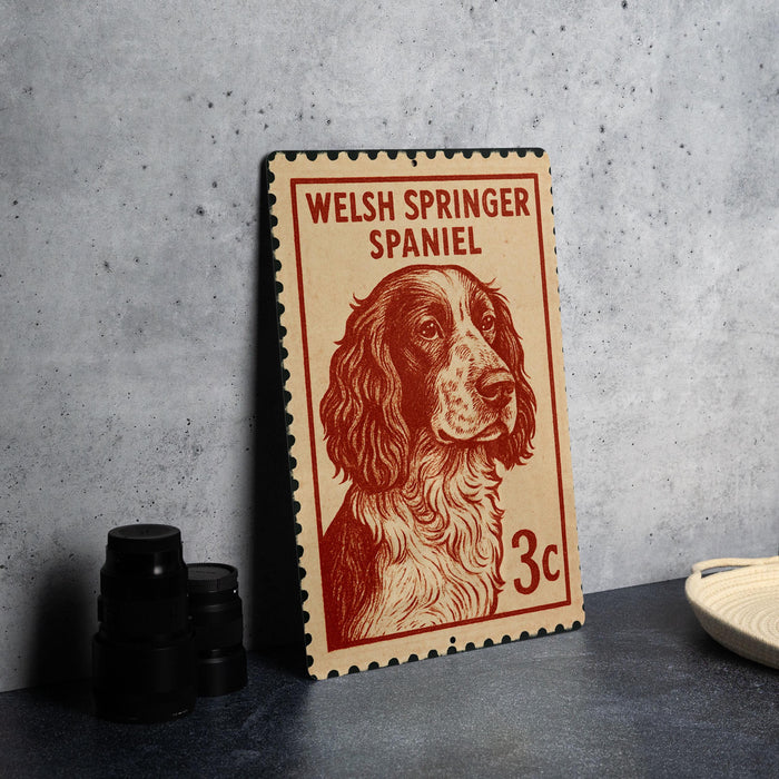 A Welsh Springer Spaniel dog is depicted on a postage stamp, which is placed on a table next to some black camera lenses.