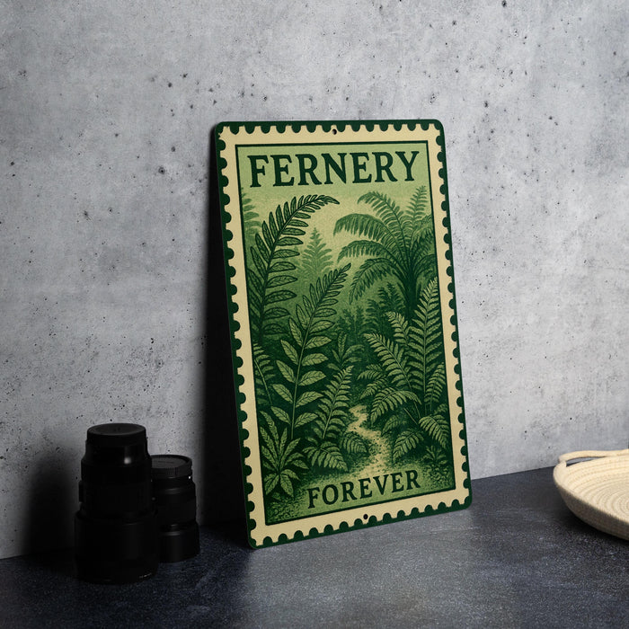 a metal sign with a green border and the word "Fernery" printed on it, sitting on a table next to some black camera lenses.