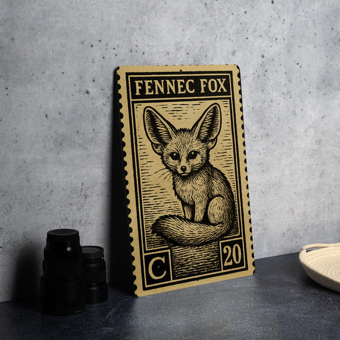 a wooden postcard with a fennec fox illustration, placed on a table next to some black camera lenses.