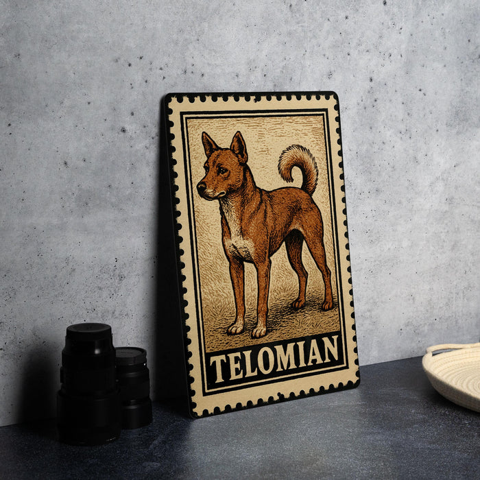 A framed illustration of a dog, specifically a Telomian breed, is displayed on a table.