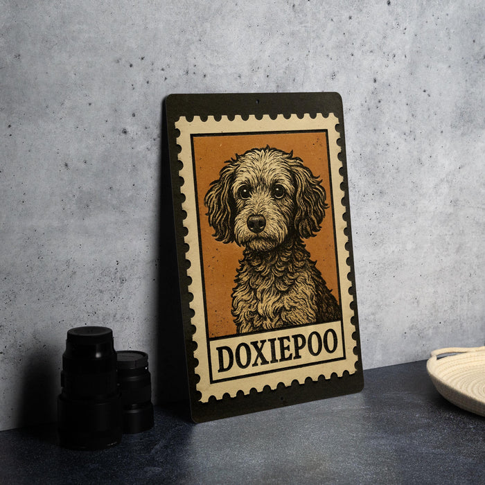 A framed illustration of a dog, specifically a Doxiepoo, is displayed on a wall.