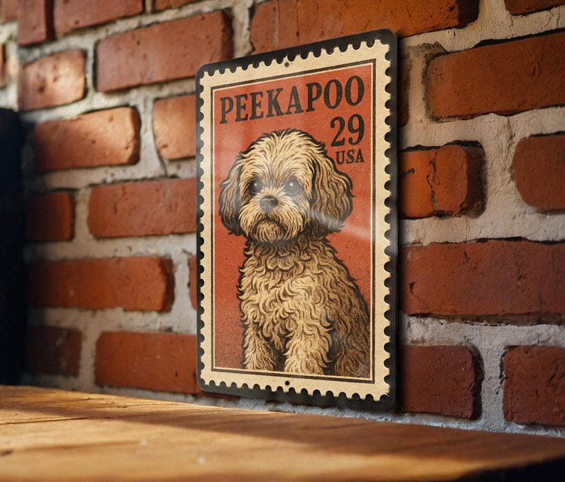 A metal sign featuring a dog illustration is mounted on a brick wall.