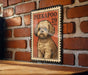 A metal sign featuring a dog illustration is mounted on a brick wall.