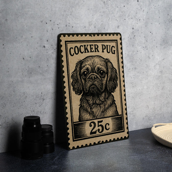 A Cocker Pug postage stamp is displayed on a table, with a stack of black camera lenses and a white dish visible in the background.