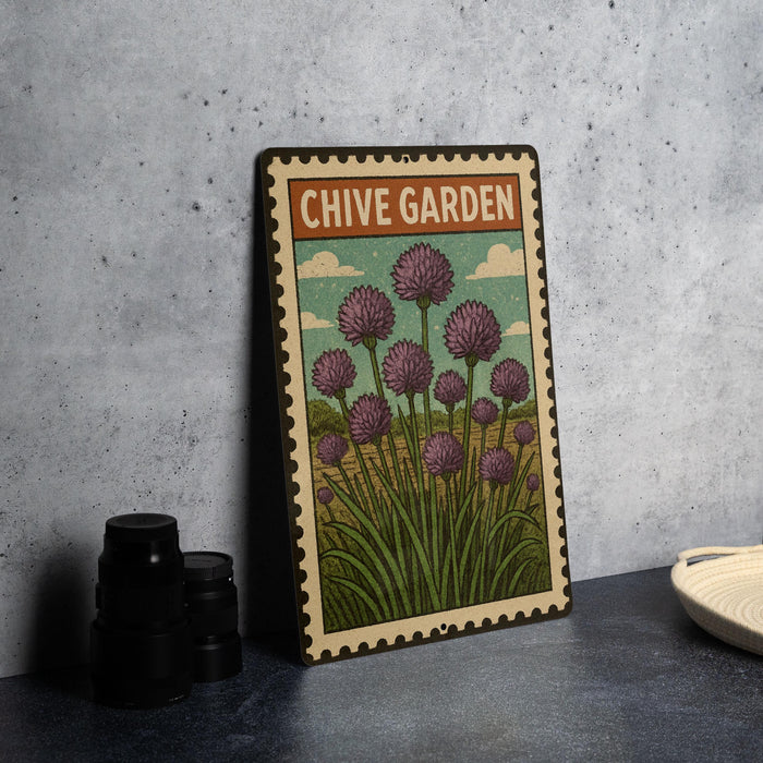 A metal sign with a vintage-style illustration of purple flowers and green grass, labeled "CHIVE GARDEN", is displayed on a table next to some black camera lenses.