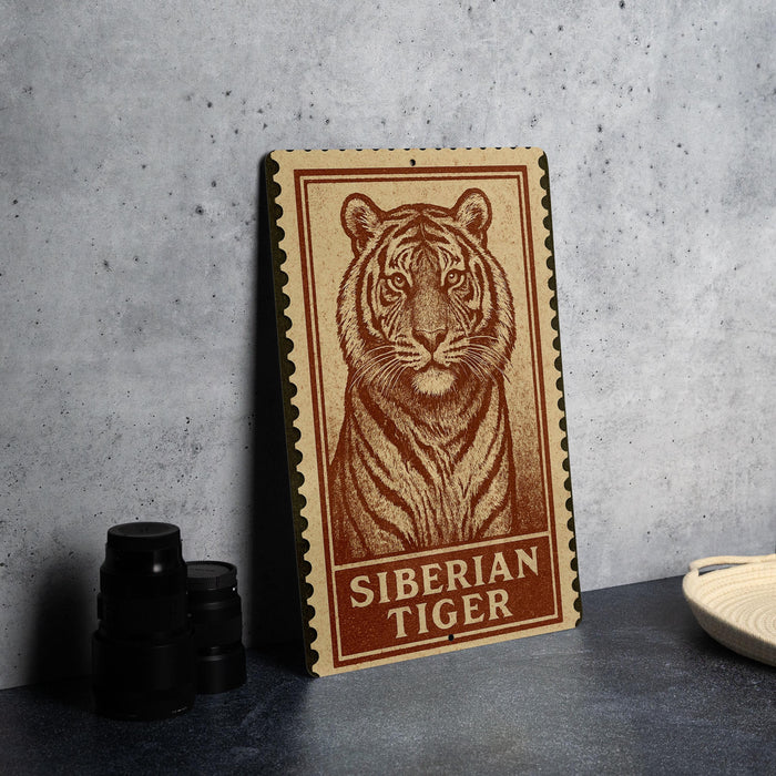 A wooden sign featuring a tiger illustration is displayed on a table, with a stack of black camera lenses and a white dish visible to the side.