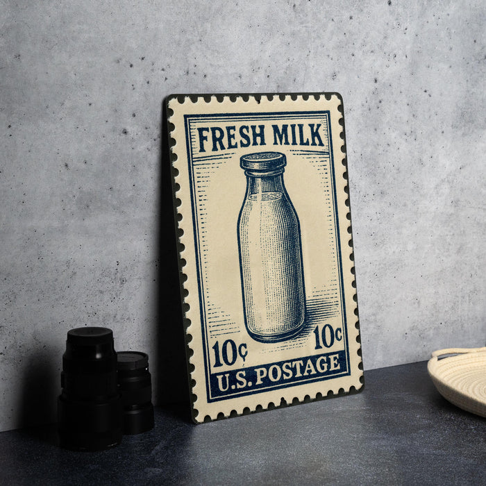 A metal stamp depicting a milk bottle, with the text "FRESH MILK" and "10¢ U.S. POSTAGE" printed on it.