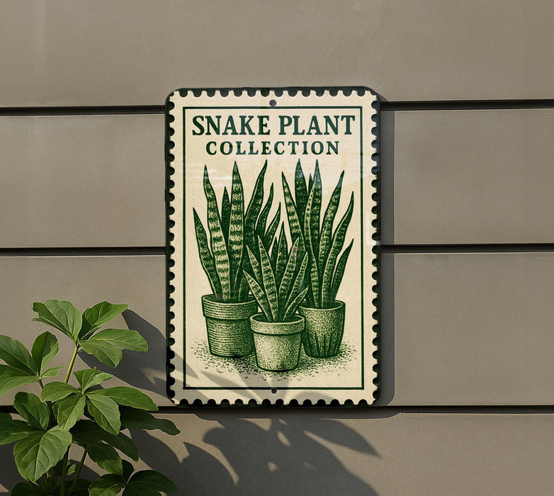 A sign for a " Snake Plant Collection" is displayed on a wall, featuring illustrations of snake plants in pots.