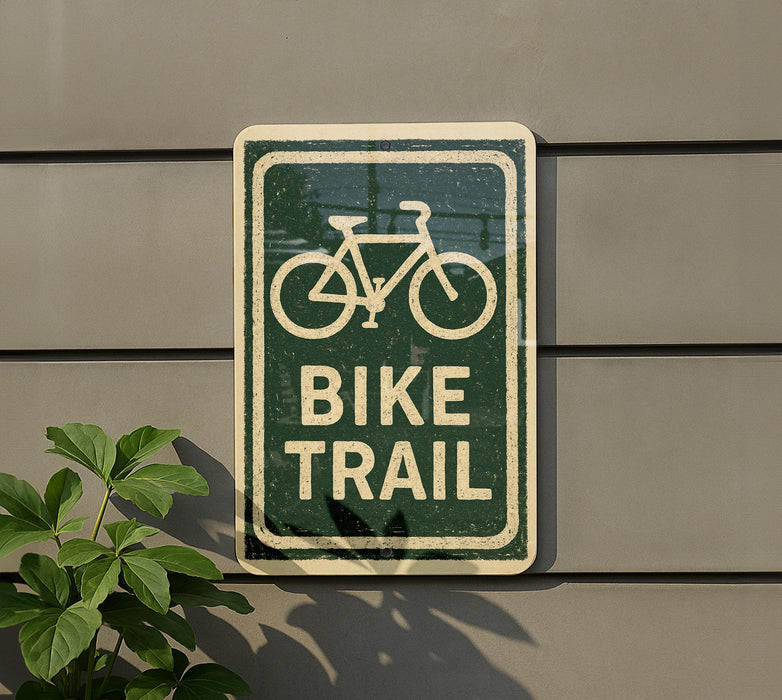 a green and white sign that reads "BIKE TRAIL" mounted on a gray wall.