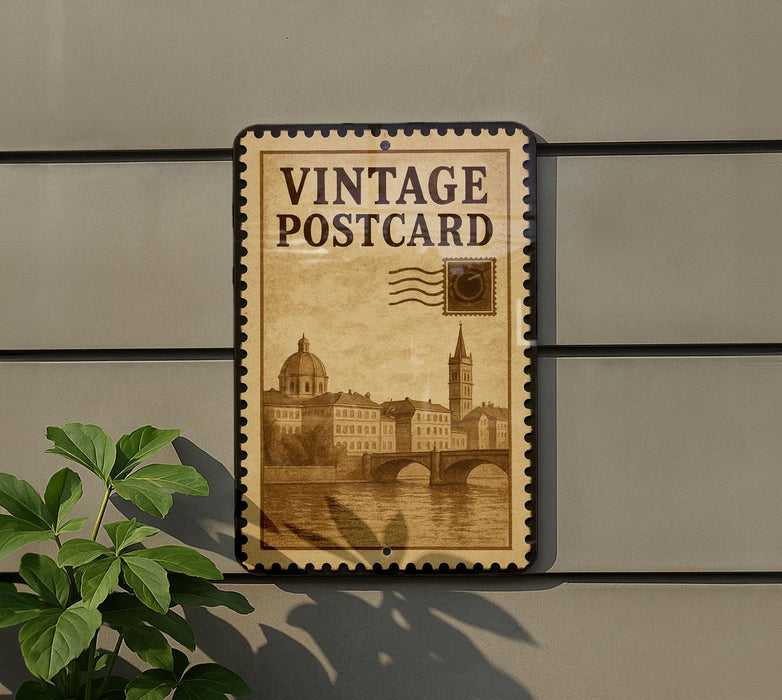 A vintage postage stamp-style sign is displayed on a wall, featuring an illustration of a cityscape and a bridge.
