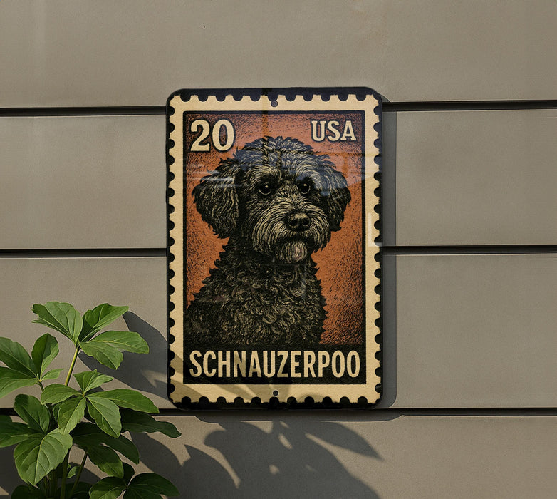 A postage stamp featuring a Schnauzer dog, with the text "20 USA" and "SCHNAUZERPOOO" printed on it.