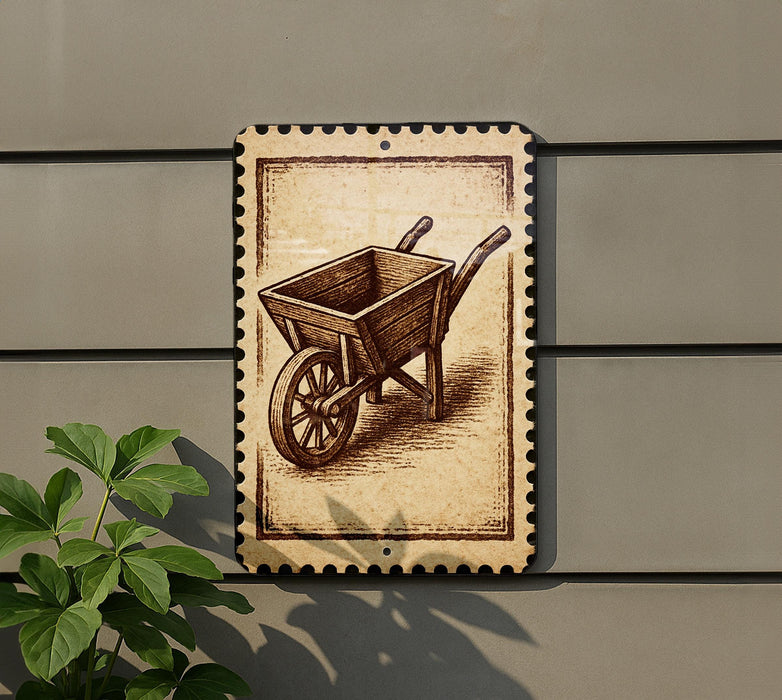 a wooden wheelbarrow with a decorative border, mounted on a wall.