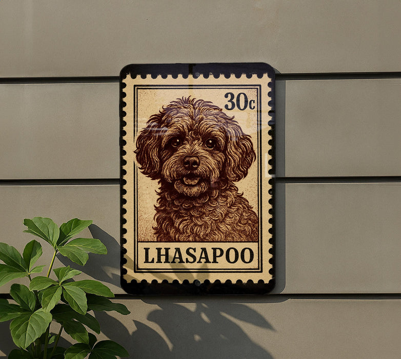 A stamp-like sign featuring a dog's portrait, mounted on a wall next to a plant.
