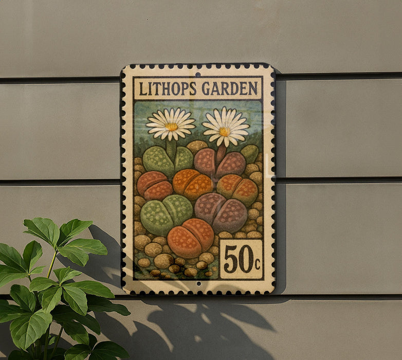 A postage stamp-like sign with a colorful illustration of various cacti and flowers, mounted on a wall.