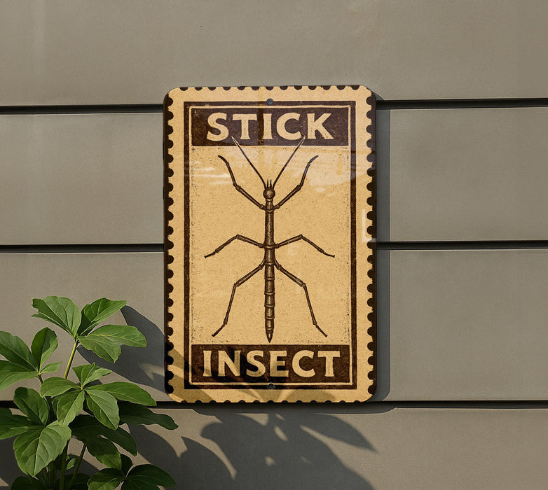 Stick Insect Metal Sign – Vertical Vintage Stamp Style Wall Art for Insect Lovers, Entomology Decor, Nature-Inspired Gift