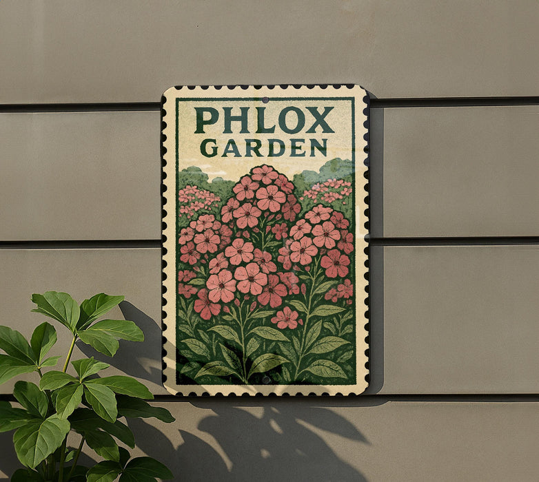 A sign for the Phlox Garden, featuring a floral illustration of pink flowers against a green background.