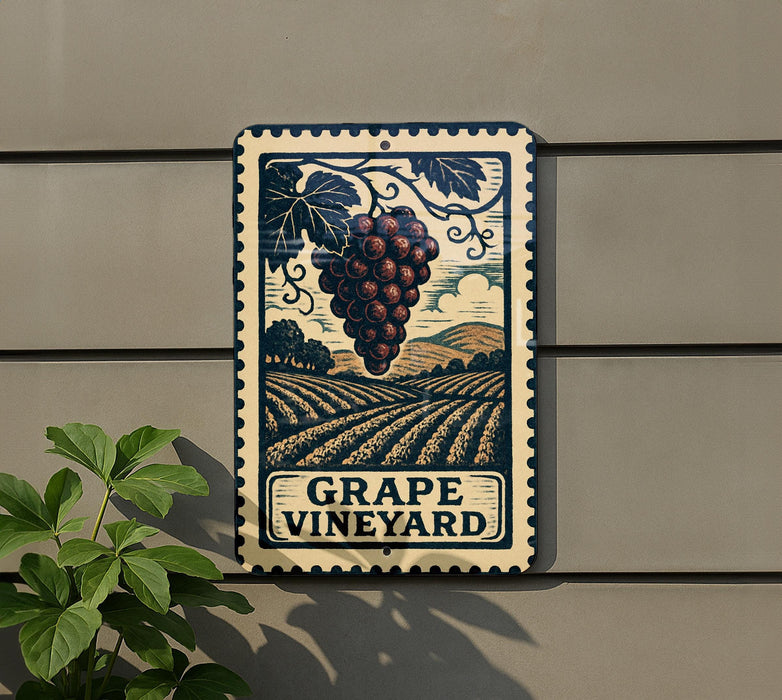 a sign for Grape Vineyard, which is mounted on a wall.