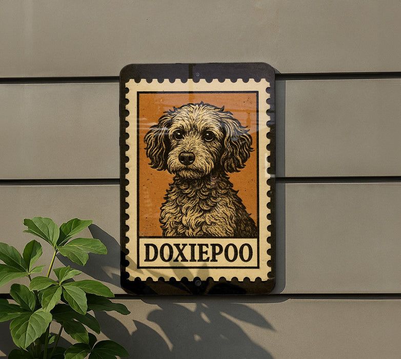 a sign with a dog illustration on it, mounted on a wall.