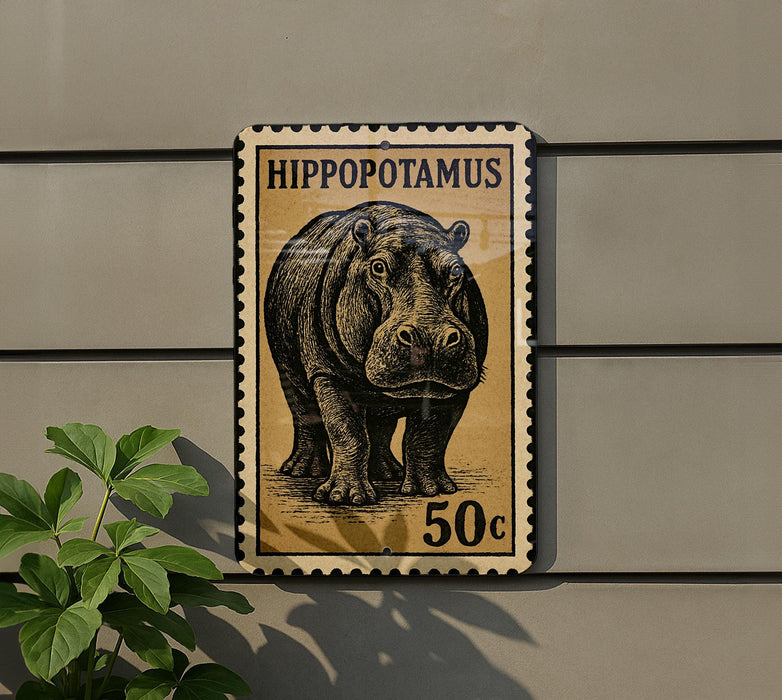 A postage stamp featuring a hippopotamus, with the text "HIPPOPOTAMUS" and the denomination "50c".