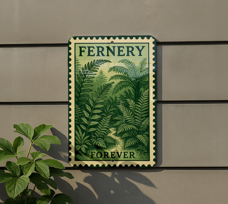 a green and white sign with the word "Fernery" and the word "Forever" on it, mounted on a wall.