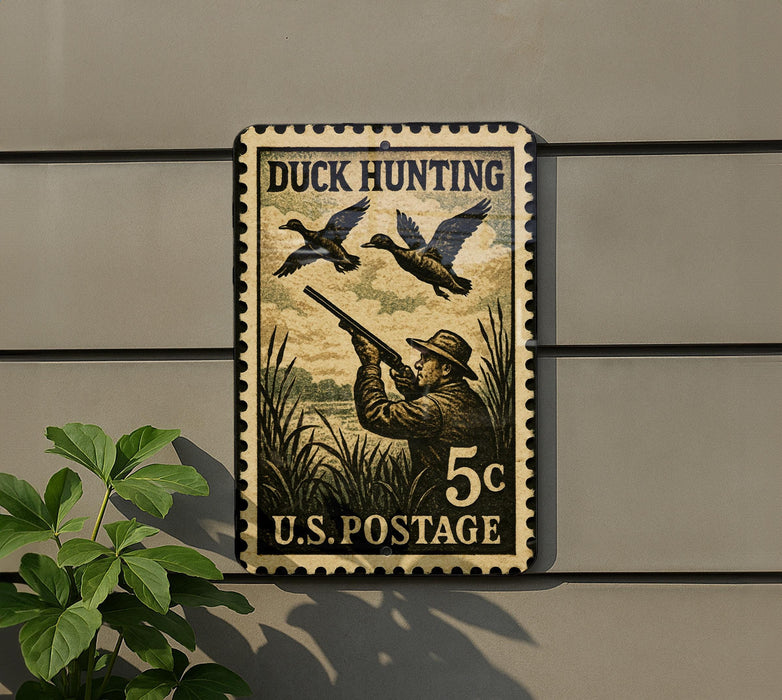 A vintage duck hunting postage stamp is displayed on a wall, featuring a man aiming a rifle at ducks flying overhead.