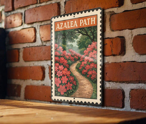A framed image of a garden path with red flowers is mounted on a brick wall.
