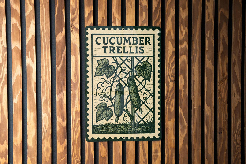 a metal sign with the text "CUCUMBER TRELLIS" and an illustration of a cucumber plant with leaves and a flower.