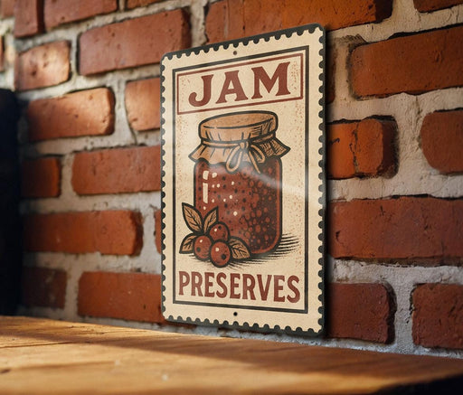 A vintage-style metal sign with the text "JAM PRESERVES" and an illustration of a jar of jam, mounted on a brick wall.