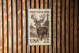 A white-tailed deer stamp from the United States, featuring a detailed illustration of the deer in a wooded setting.