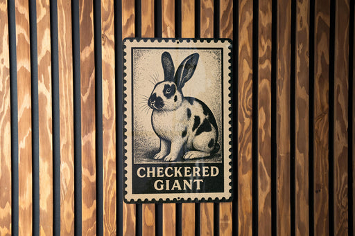 A metal sign with a rabbit illustration and the text "CHECKERED GIANT" is mounted on a wooden wall.