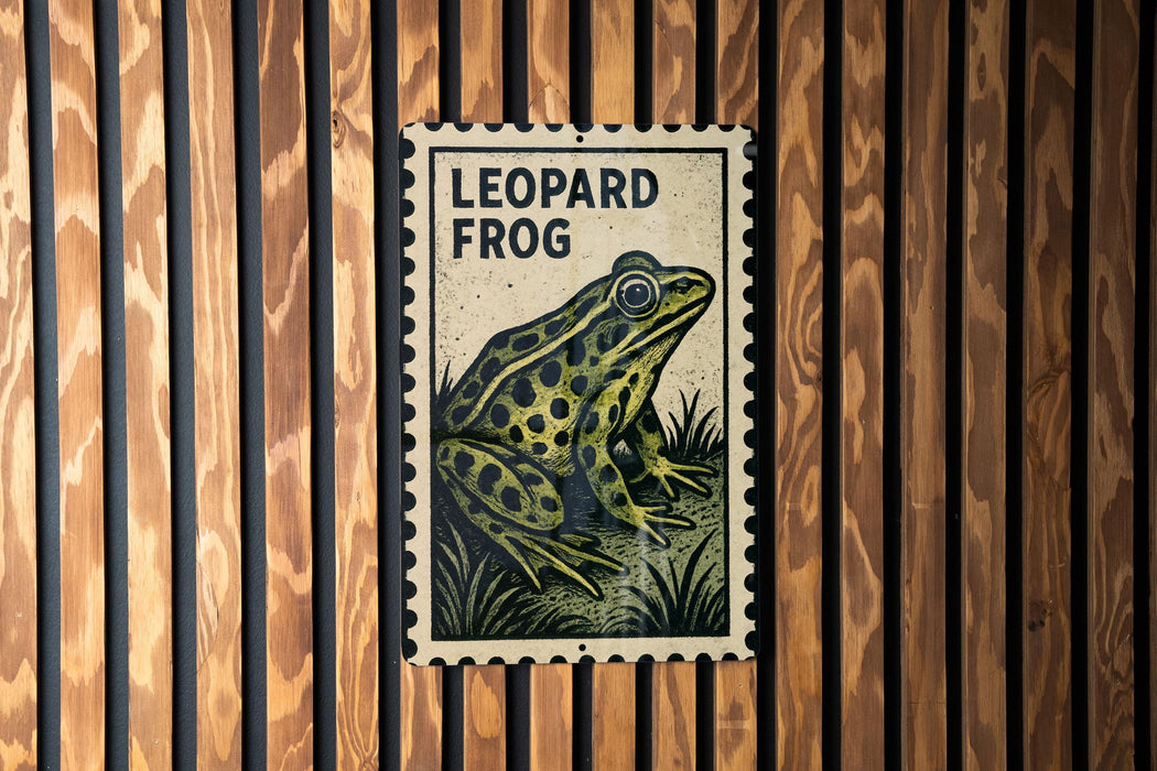 A framed illustration of a leopard frog is displayed on a wooden wall.