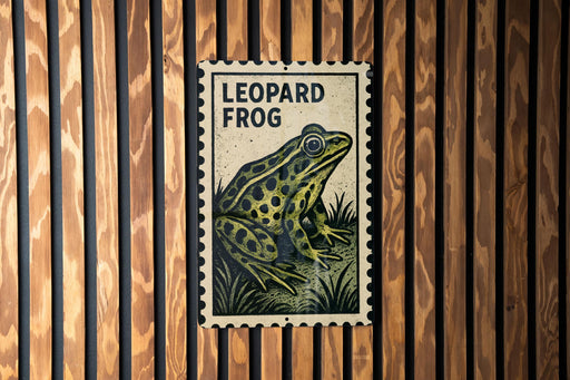 A framed illustration of a leopard frog is displayed on a wooden wall.