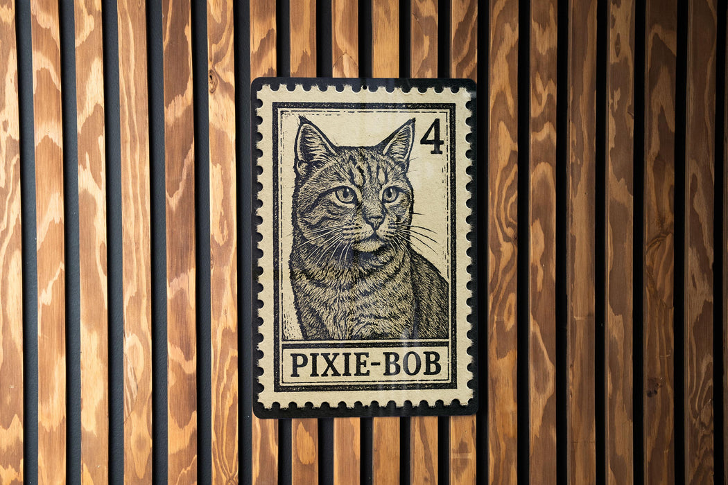 A postage stamp featuring a cat's portrait is affixed to a wooden wall.