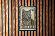 A postage stamp featuring a cat's portrait is affixed to a wooden wall.