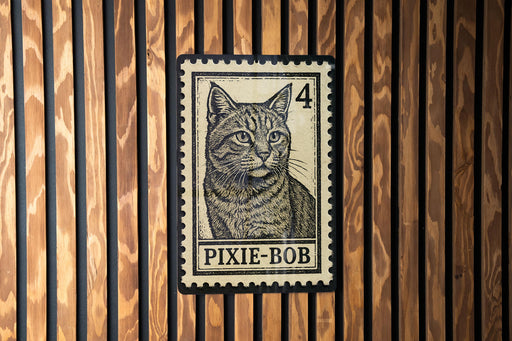 A postage stamp featuring a cat's portrait is affixed to a wooden wall.