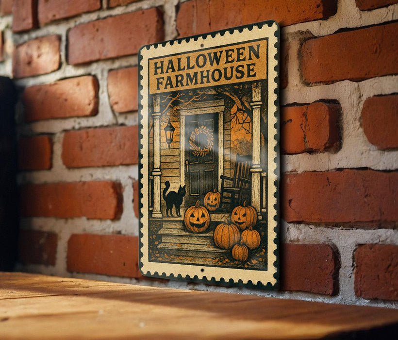 A Halloween-themed metal sign is mounted on a brick wall, depicting a porch with a cat, pumpkins, and a wreath.