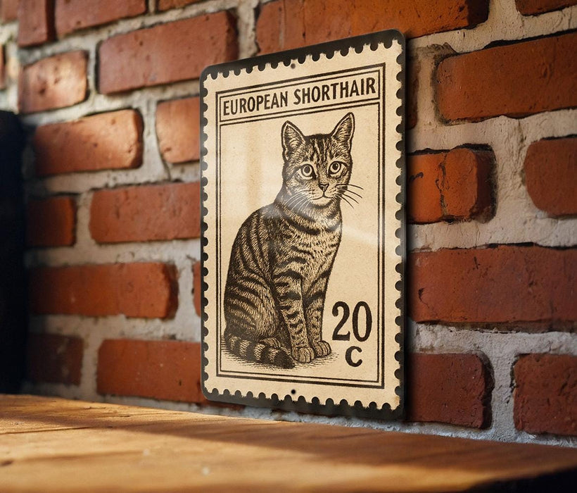 A wooden table with a vintage-style European Shorthair cat stamp on it, mounted on a brick wall.