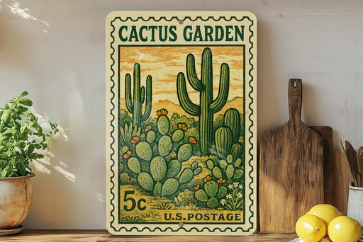 A vintage-style postage stamp featuring a cactus garden scene, with a 5c value, is displayed on a shelf next to a wooden cutting board and some potted plants.